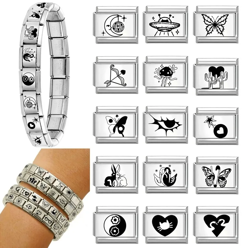 2026 New Laser Engraving  Eyes Heart Skull Ball UFO Italian Charm Links Fit 9mm Stainless Steel Bracelet DIY Making Women Men