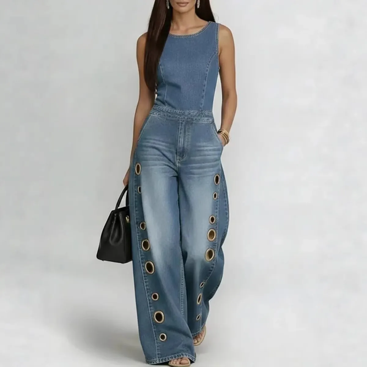 

Jeans Jumpsuits Women Denim Pants One Piece Sleeveless O Neck Overalls Loose Eyelet Decor Straight Long Pant Rompers Streetwear