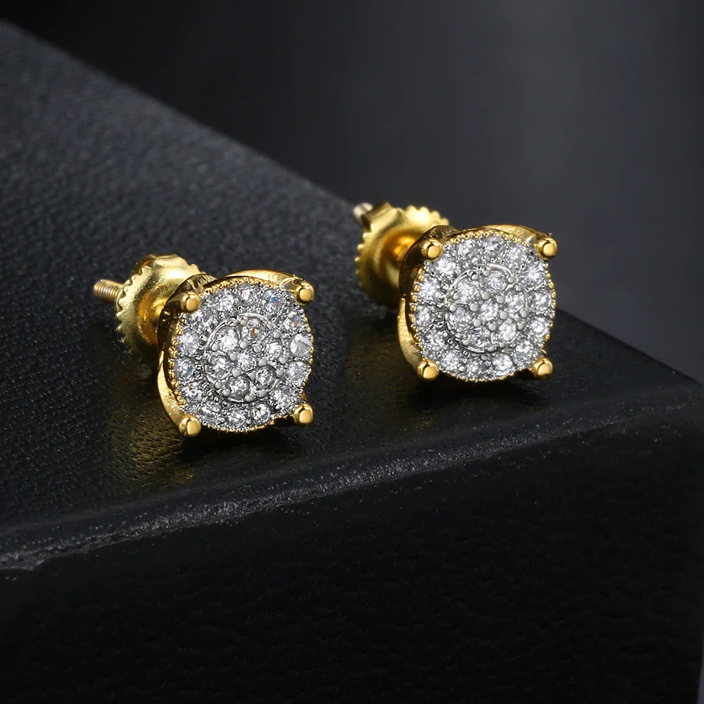 Hip Hop Men\'s Earrings Iced Out Zircon Gold Color Punk Simple 4 Claws Round Screw Ear Studs Rock Jewelry Gifts OHE181