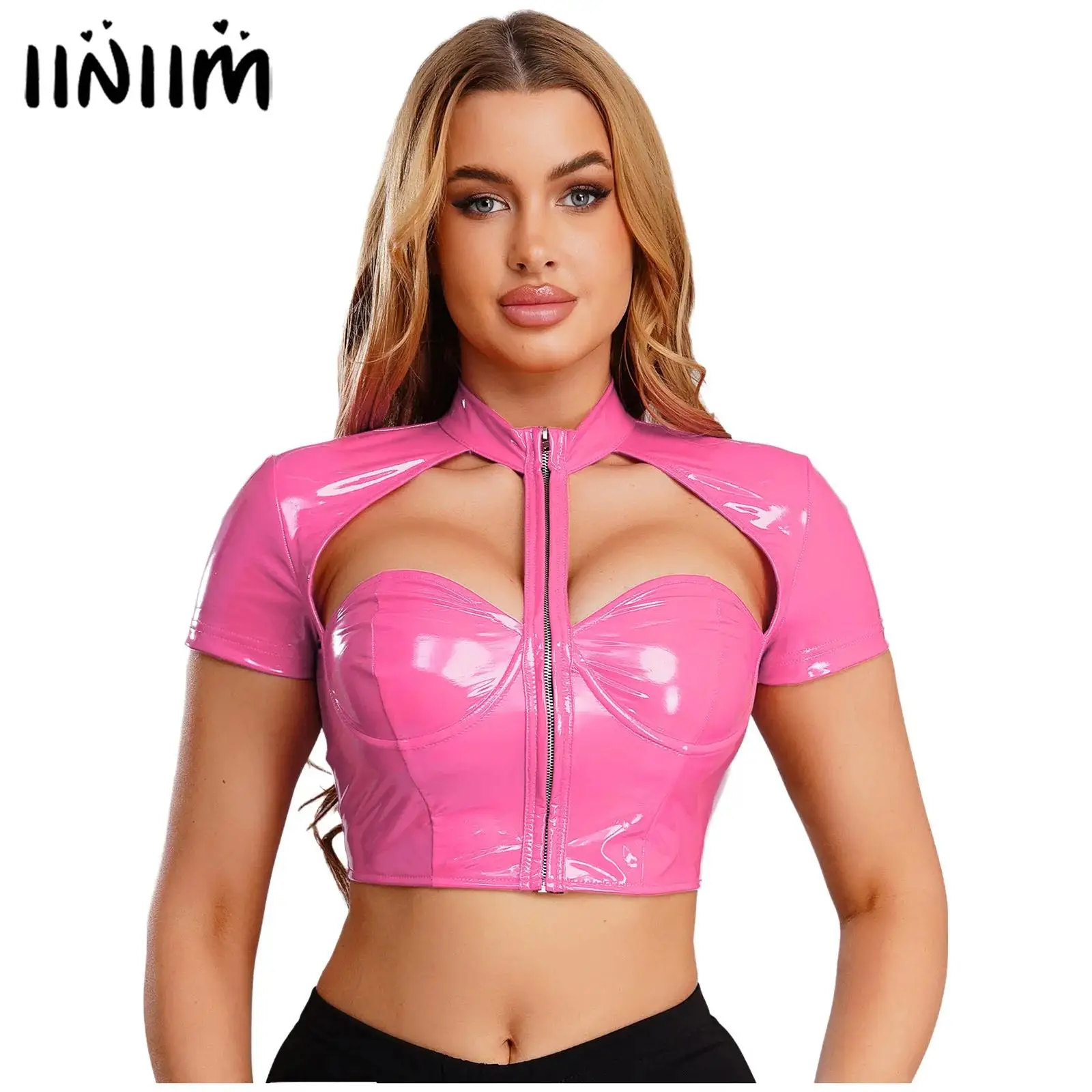 Womens Wet Look PU Cropped Top Push-up Underwire Cutout Mock Neck Short Sleeve Front Zipper Crop Top Glossy Rave Party Clubwear