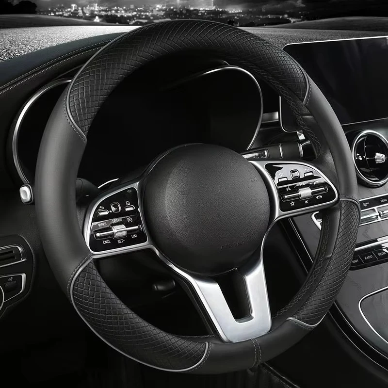 All Seasons Leather Diamond Steering Wheel Cover Universal Fit for 14 .5-15 Inch Durable Leather Cover Anti-Slip Veins Design