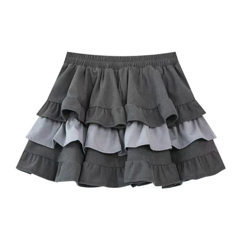 

Vintage Gray Corduroy Skirt Women Korean Style Sweet Kawaii Cake Mini Skirt Harajuku High Waist Ruffle Short Skirts
