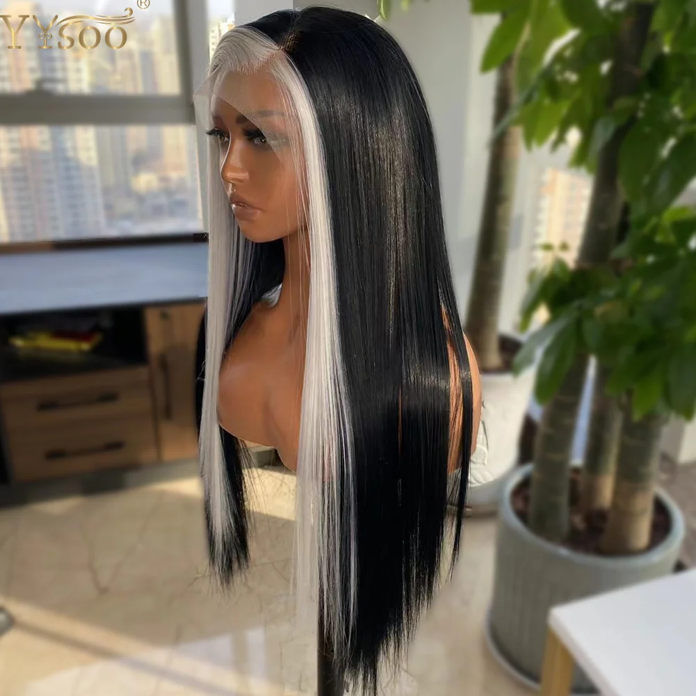 YYsoo Long Straight 13x4 Futura Synthetic Lace Front Wigs For Black Women Pre Plucked Hairline Hand Tied White With Black Wig