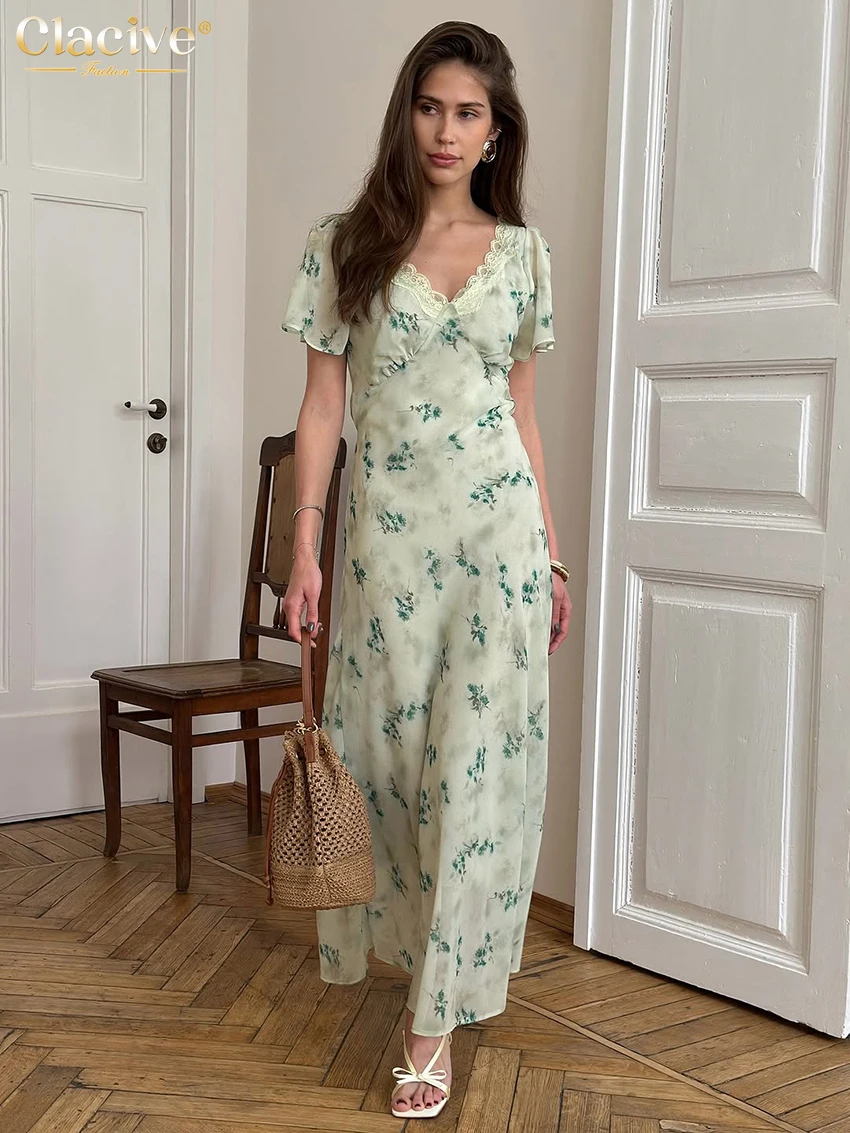 

Модное свободное женское платье Clacive с принтом, летнее, 2026 года, с V-образным вырезом, коротким рукавом, длиной до щиколотки, элегантное классическое женское платье