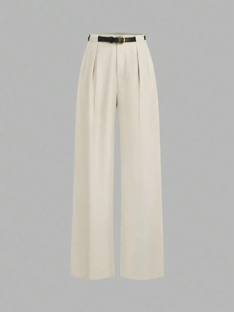 

Mid-Rise Solid Beige Wide-Leg Pleated Pants with Detachable Belt