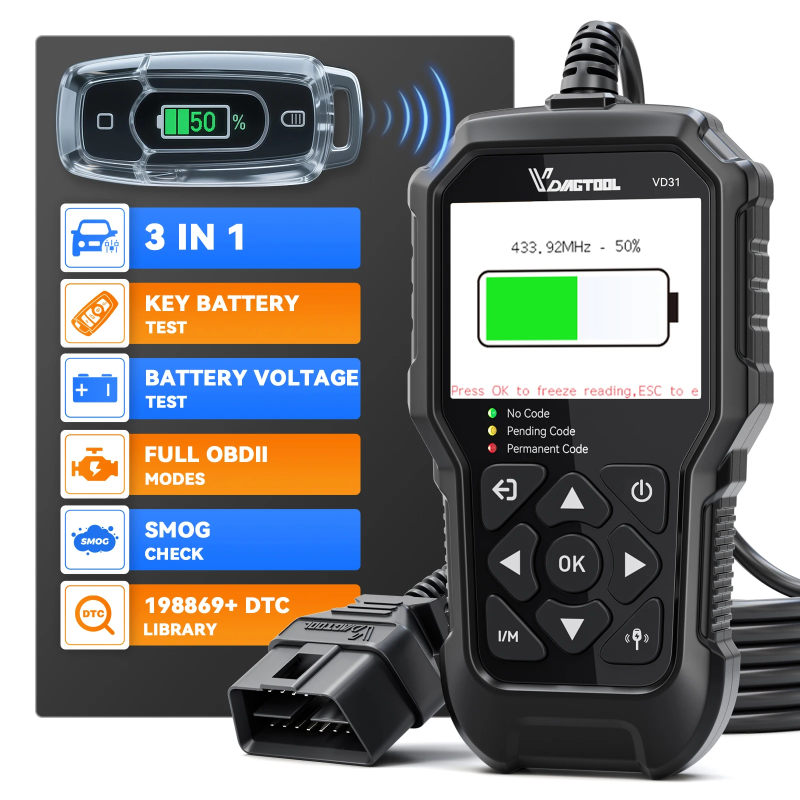 VDIAGTOOL VD31 3-in-1 OBD2 Scanner Autoschlüssel-Batterietester & Autobatterietester, Motorfehlercode-Lesegerät Auto-Diagnosewerkzeug