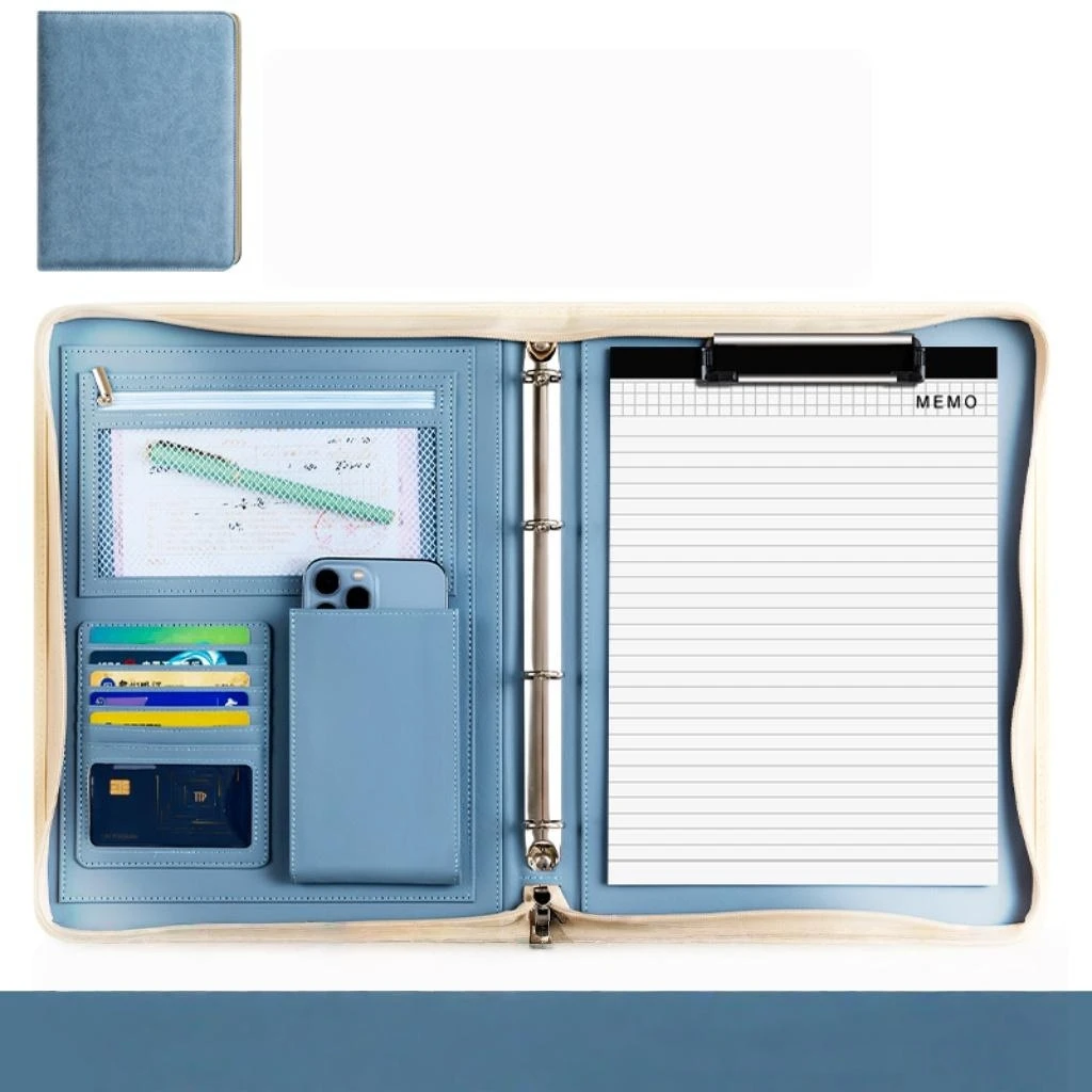 

New PU Leather 4-ring Zippered Padfolio Folder, A4 Multi-Function Portfolio Leather Combination case,for Business School Office