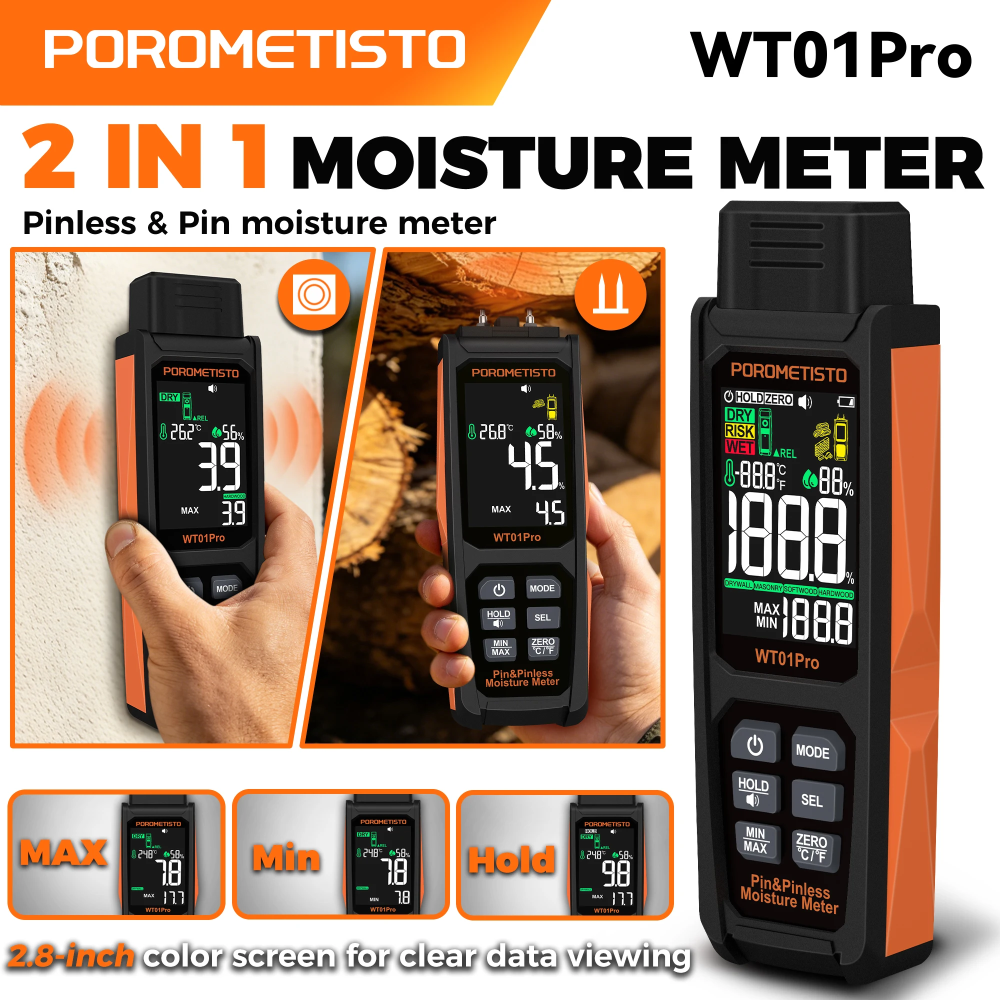 WT01Pro 2 in 1 Pin & Pinless Wood Moisture Meter, Non-Contact Dampness Detector Wall Humidity Tester with 4 Modes & Alarm
