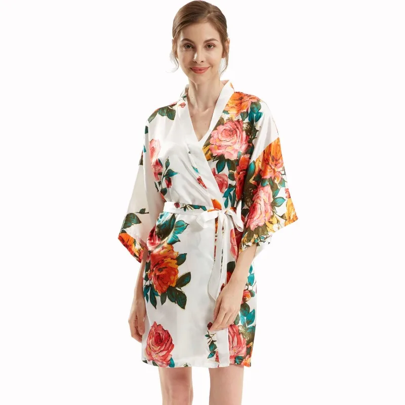 Silk Summer Cool Sexy Women Large Size Short Hand-painted Peony Nightgown Morning Gown Cardigan Home Girlfriend Pajamas