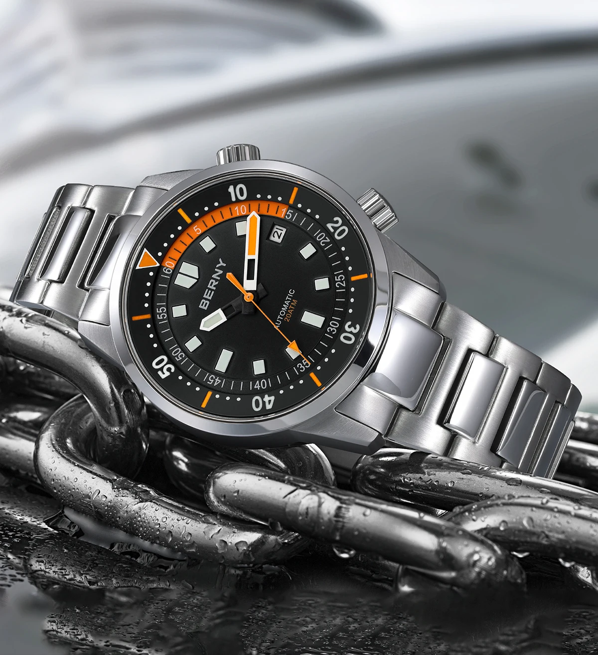 BERNY Automatische Taucheruhren für Herren, 20 ATM, superleuchtende mechanische Herren-Taucheruhr, Saphirglas, komplett aus Edelstahl – Detail 20