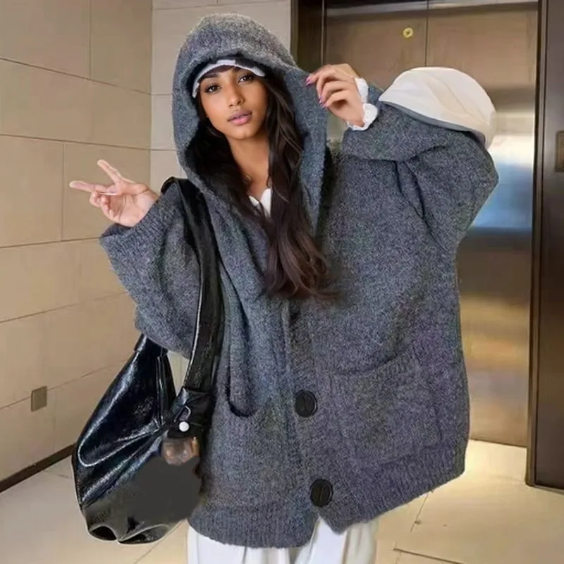 Kardigan Rajut Kasual Musim Gugur dengan Saku, Sweater Wanita Baru Musim Dingin Kerah V Lengan Panjang Longgar, Rajutan Warna Solid Elegan