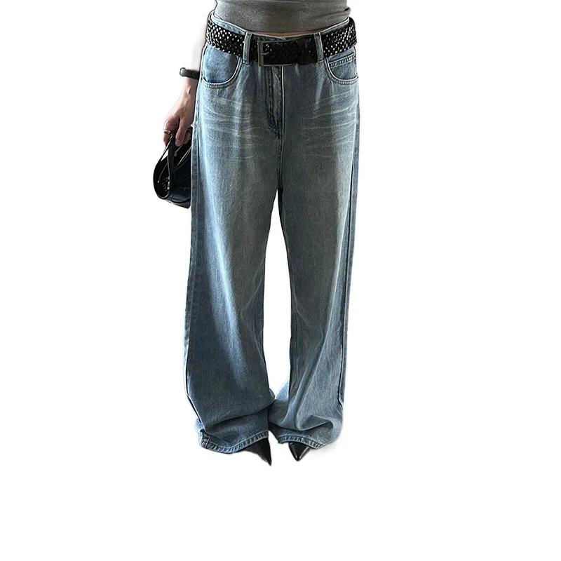 Lengthening Light Blue Wide-leg Jeans Women's Vertical Straight Mop Pants