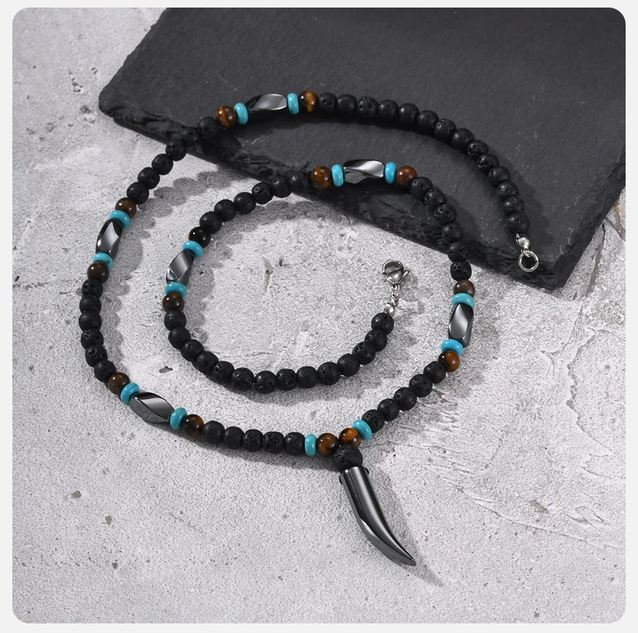 Vnox Herren Lavastein-Perlenkette, Hämatit-Wolfszahn-Anhänger, Tigerauge-Türkis-Perlen Tribal Männerschmuck für den Alltag, Geschenk – Detail 6