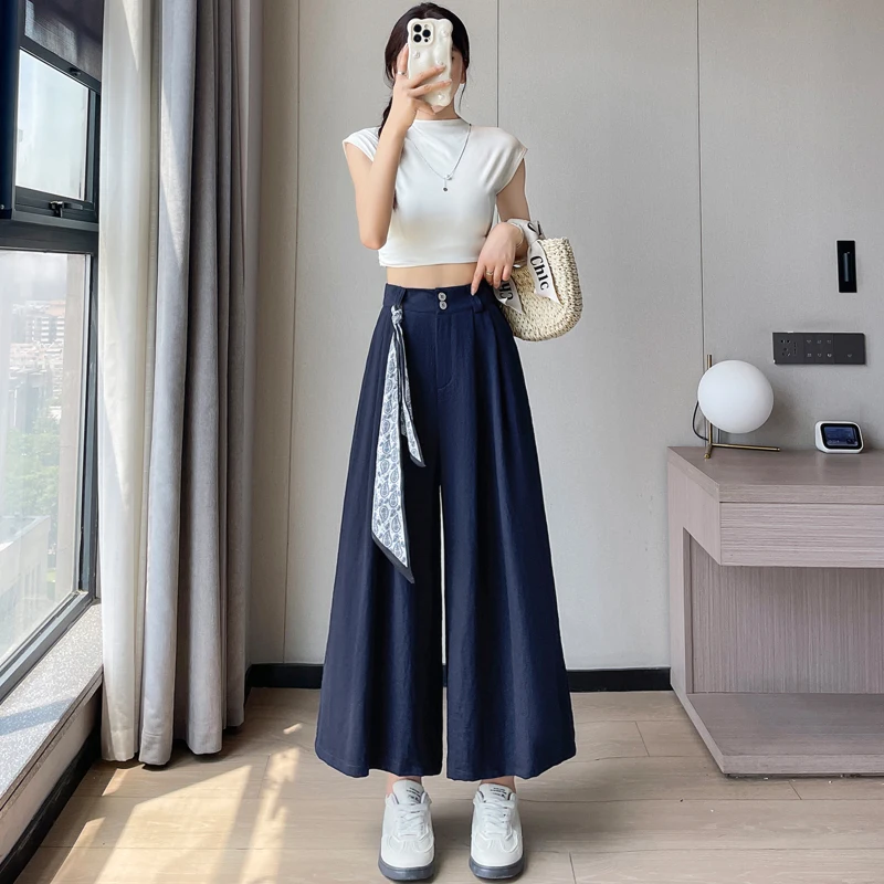 

2025 Women's Zipper Wide Leg Cropped Pants Summer OL Korean High Waist Slimming Straight Pants Fashion Printing Belt Pants Women
