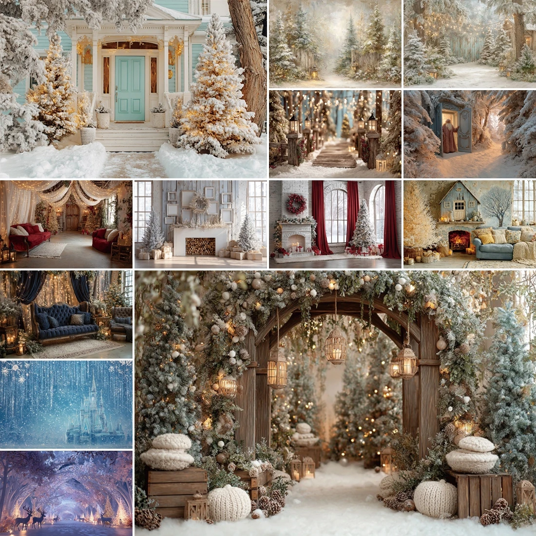 

MOON.QG Snowy Courtyards Christmas Backgrounds Aurora Reindeer Snowman Santa Backdrop Photography Accessories Poster Photocall
