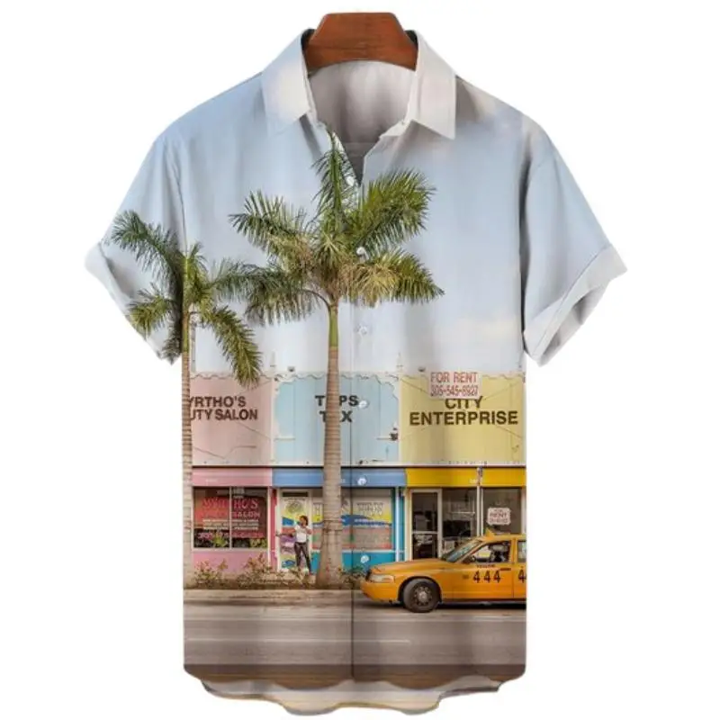 Men\'s Casual Resorts Summer Printed Vintage Hawaiian Oversized Shirt Cartoon Car Pattern Camisa Harajuku Floral Fashion Clothes