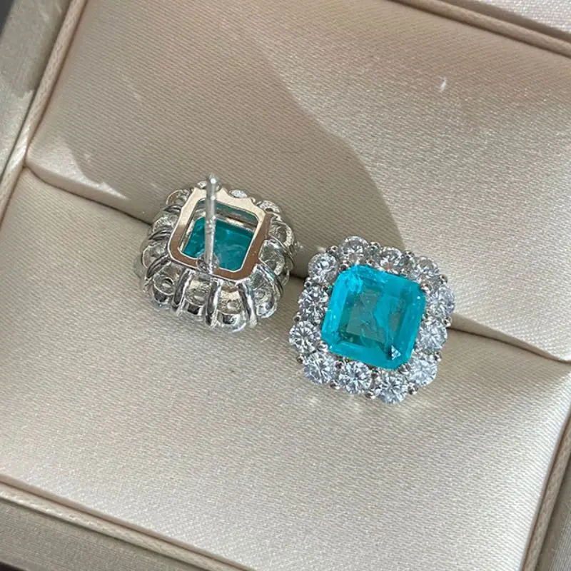 Orecchini a bottone con zirconi cubici Paraiba blu taglio principessa quadrato in argento Sterling 925 per regalo di gioielleria raffinata da donna all'ingrosso