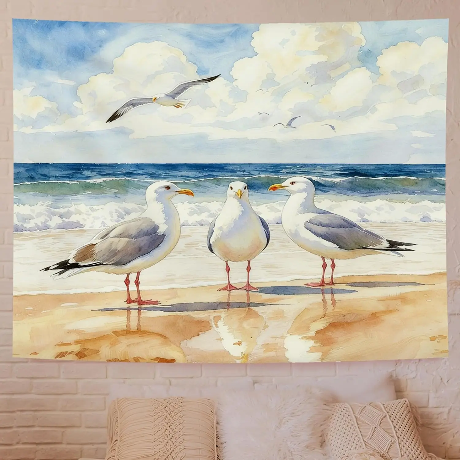 Coastal Beach Seagull Family Wall Tapestry Watercolor Ocean Nautical Home Decor Abstract Coastal Art Hanging Print Wall Decor