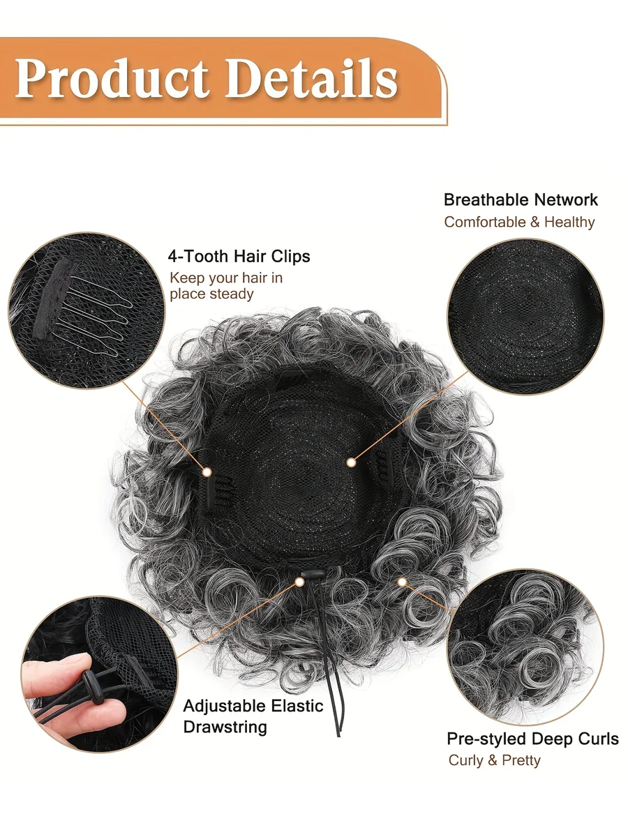 Coque fofo encaracolado cinza com prendedor - extensões de cabelo sintético de fibra de alta temperatura, laços de cabelo naturais bagunçados para mulheres