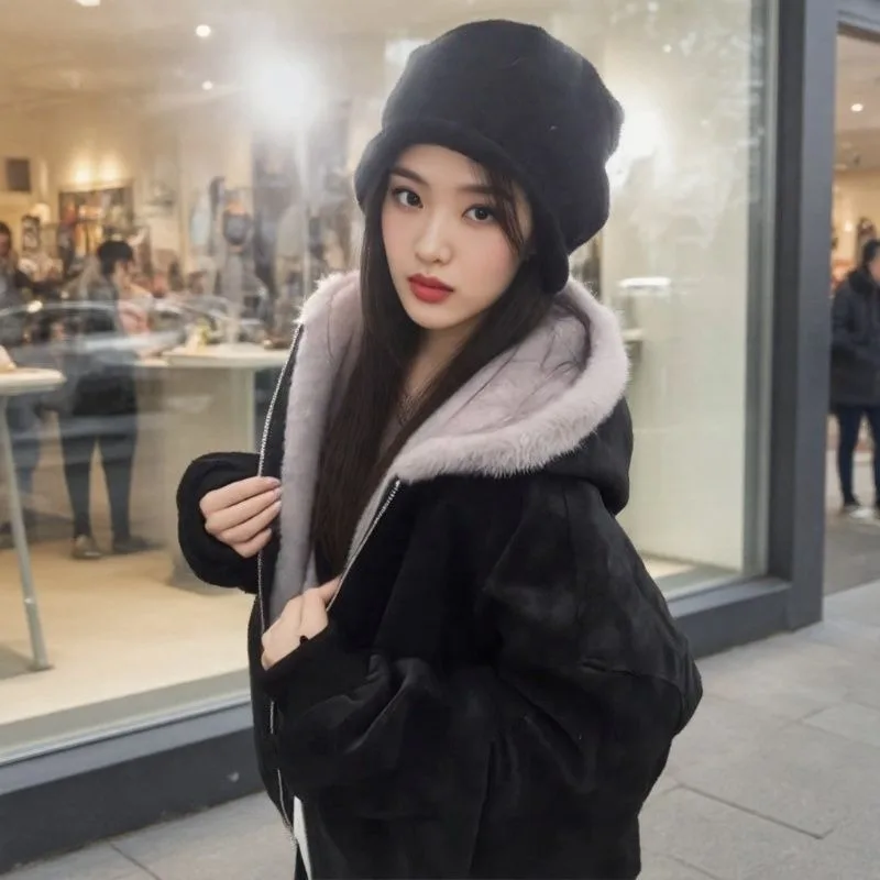 

Hooded cotton jacket for women, autumn and winter styles with added velvet and thickened cotton jacket, lychee patterned leather