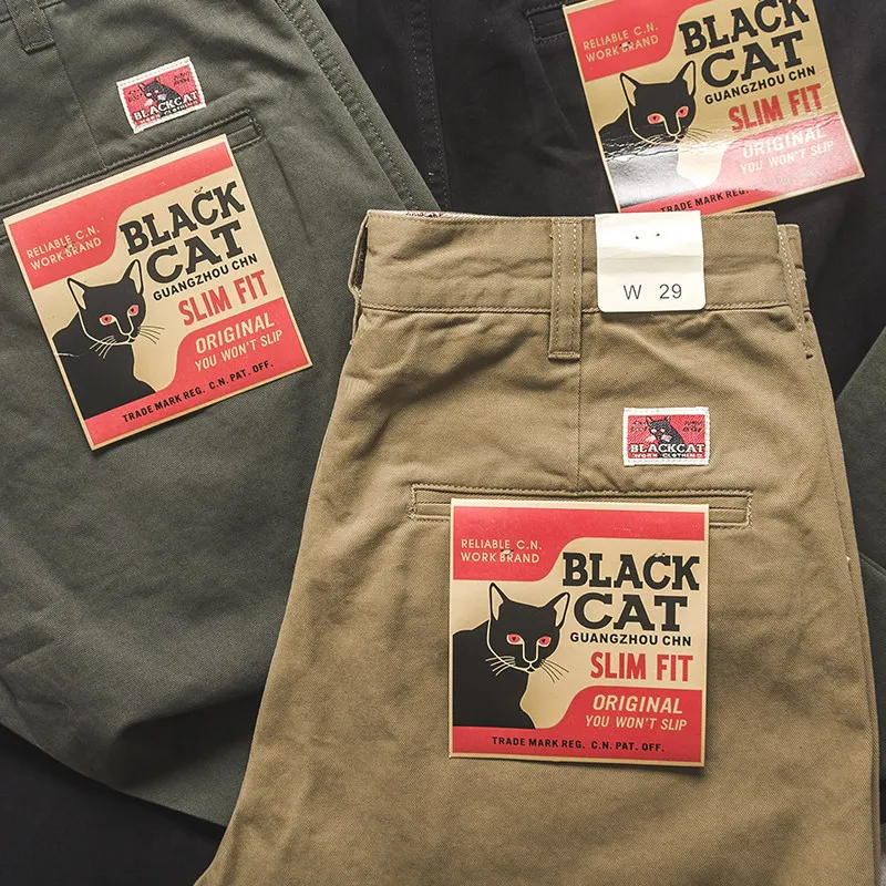 

Брюки Black Cat из плотного хлопкового твила с эффектом потертости, в американском ретро-стиле, прямого кроя, повседневные.