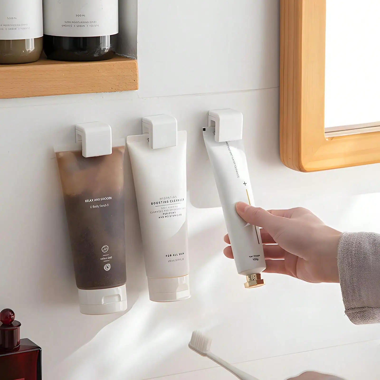 Minimalist Multi Purpose Wall Mount Tube Organizer Clip Sleek White Bathroom Wall Rack for Skincare and Toothpaste Damage Free Hanging Hook Aesthetic Home Organization Storage view 3