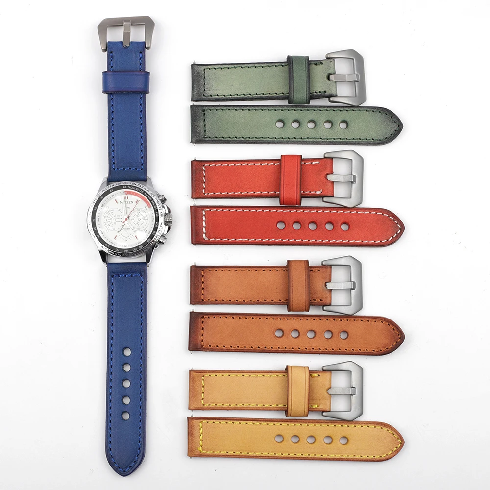 Handmade Watchband 20mm 22mm 24mm Green Red Blue Brown Vintage Leather For Panerai Watch Strap Band Replacement