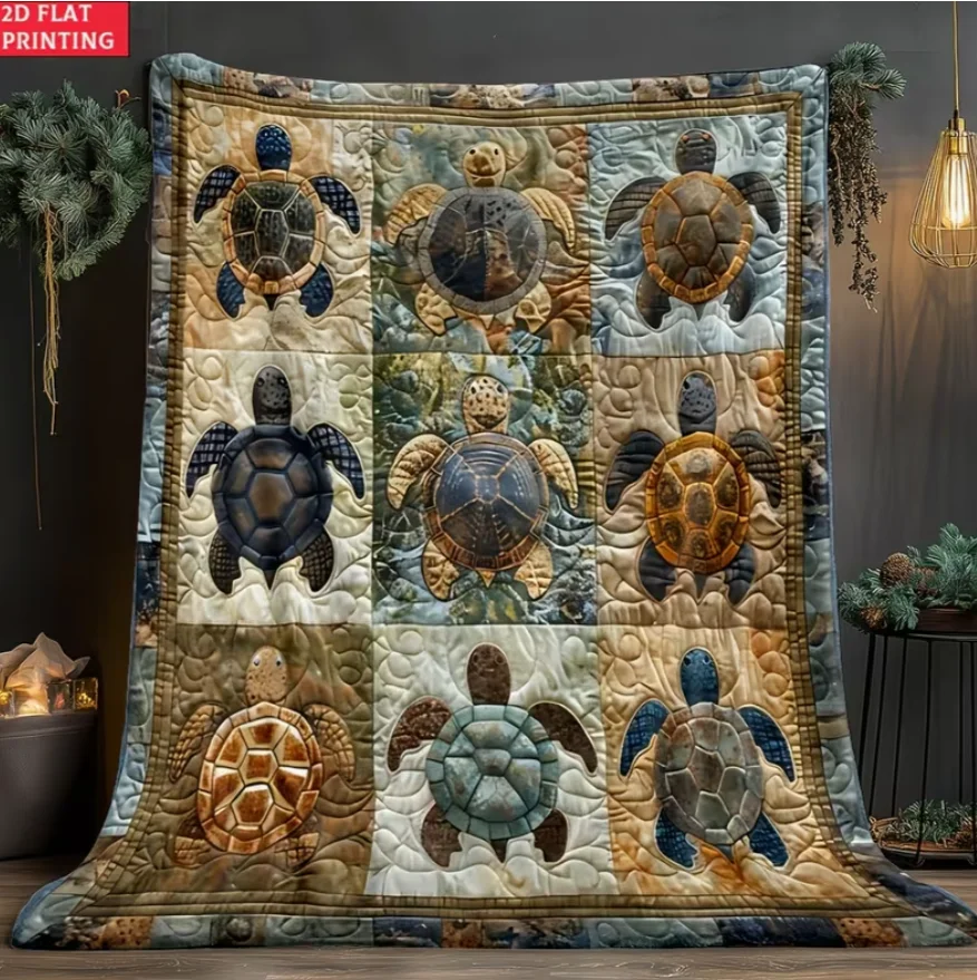2D Flat, 1pc Underwater Turtle Splicing Pattern Blanket-Lightweight Home Furnishings Bedding Throw for Sofa Bed Travel Blanket