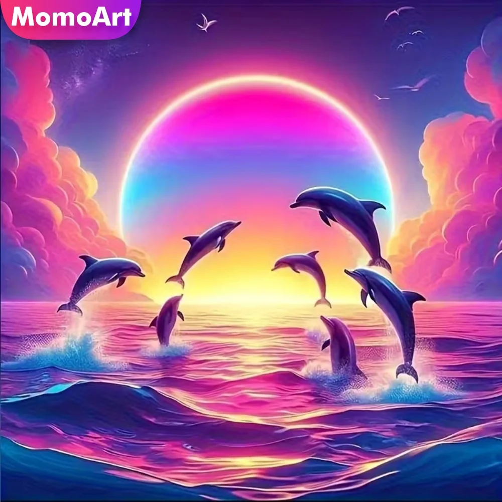Momoart Vollquadratische und runde Diamant-Stickerei, Delfin-Tierbild, Strass-Gemälde, Sonnenuntergang, Diamant-Mosaik, DIY-Heimdekoration