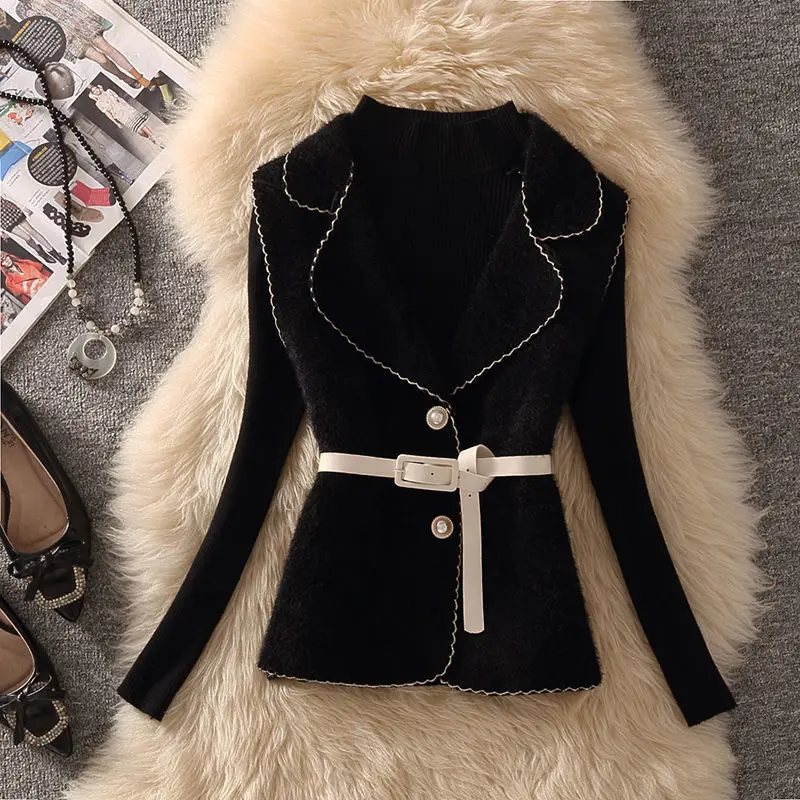 Autumn Style New Women\'s Suit Temperament Socialite Suit Collar Vest Knitted Sweater Package Hip Skirt Three Piece Set