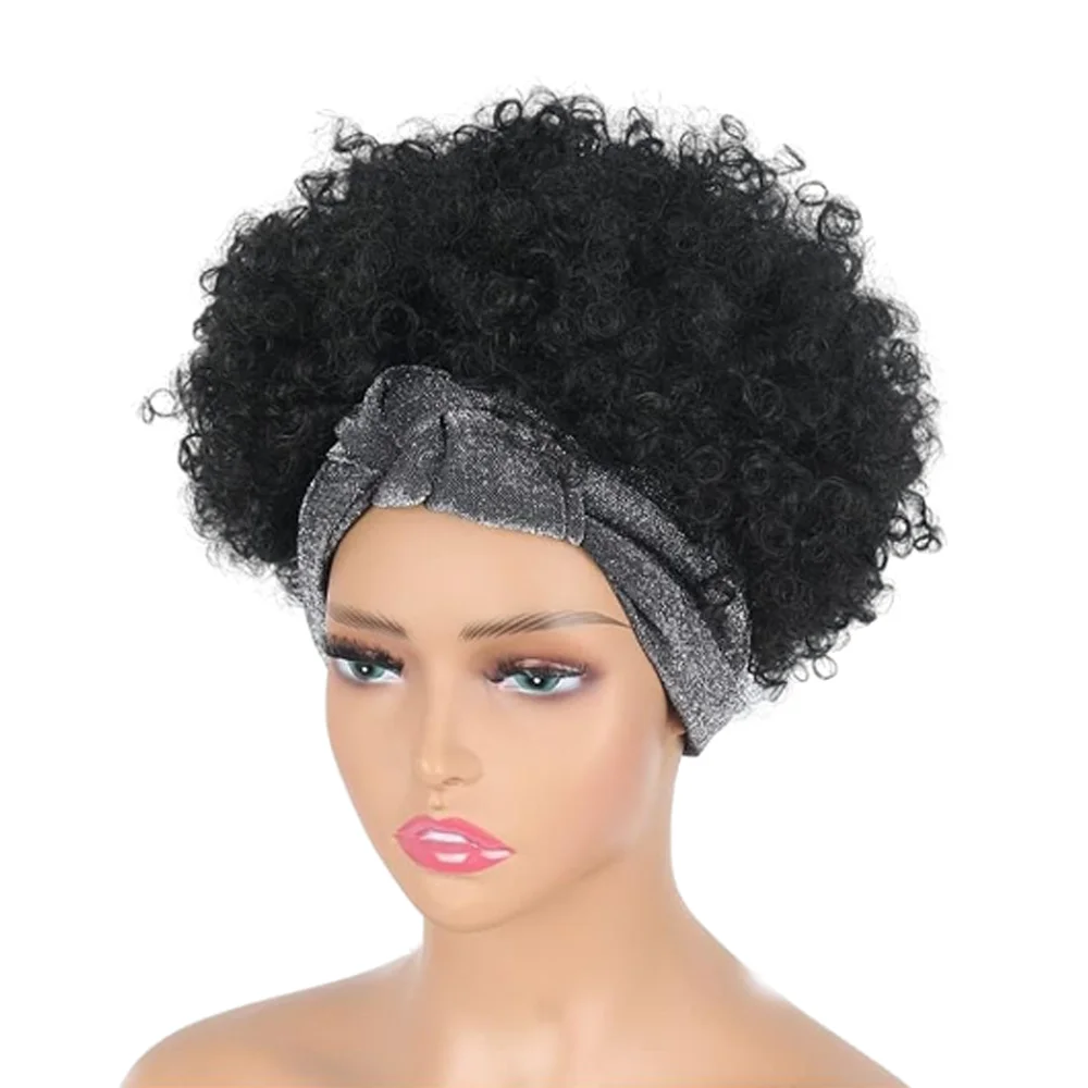 Curto Afro Perucas para Mulheres Negras, Headband Peruca com Headbands, Anexado Kinky Curly Abacaxi Peruca