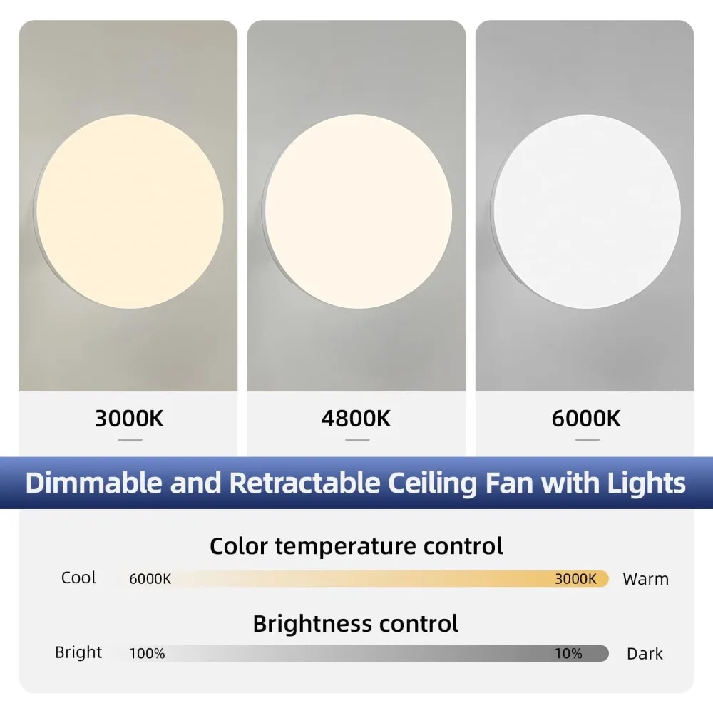 JOYINLED Ceiling Fan with Lighting and Remote Control, Hidden Retractable Blades, Quiet Fan Light, 3 Speeds and Dimmable,White
