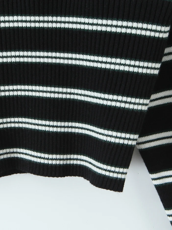 เสื้อสเวตเตอร์ถักไหมพรมทรงยาว แขนยาว คอวี ลายทางสไตล์เรโทรแบบอเมริกัน เน้นเอว ทรงเซ็กซี่ หรือเสื้อท่อนบนเอวสูงสำหรับผู้หญิง