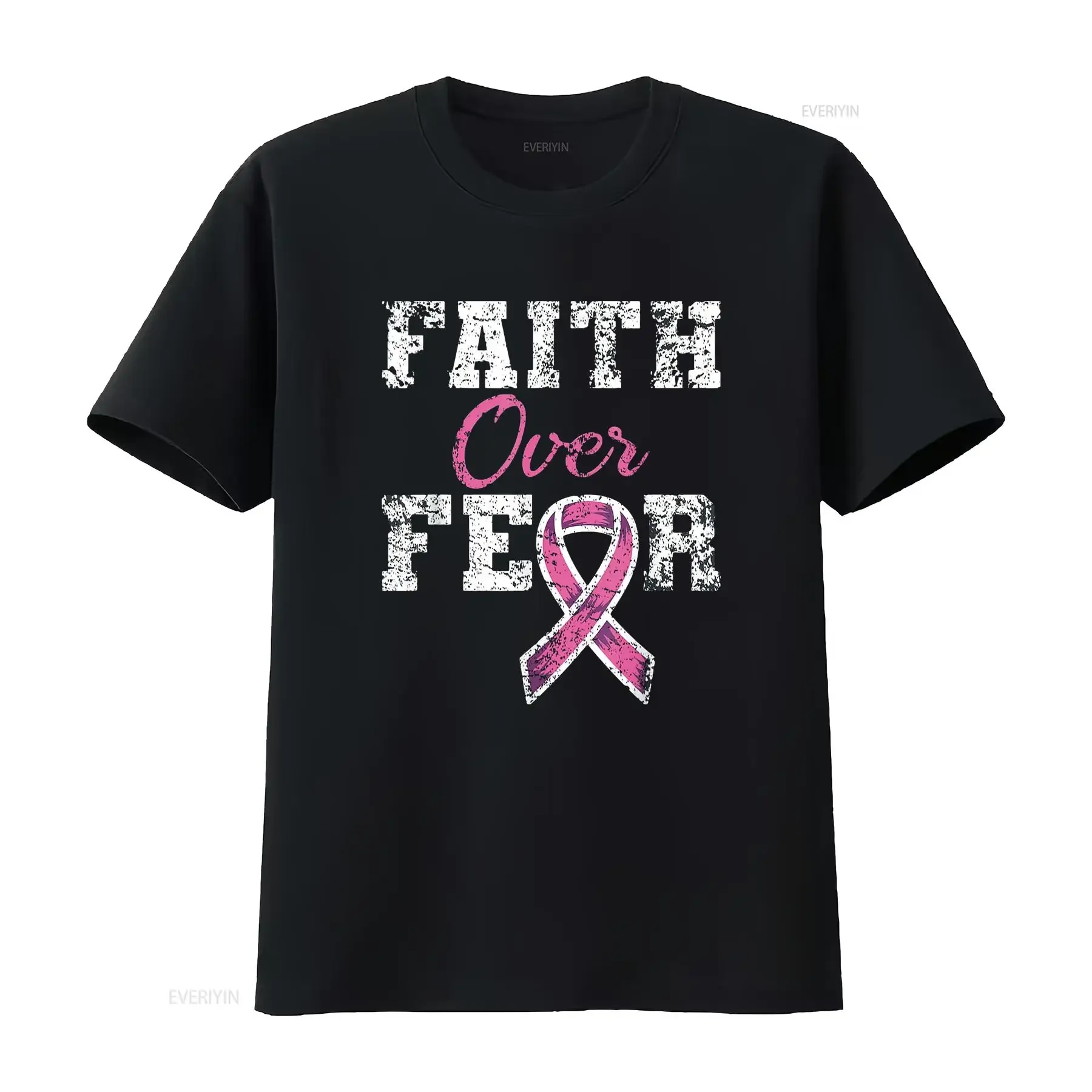 

Womens T Shirt Faith Over Fear Breast Cancer Awareness Black 2XL vintage Washed homme Top For Everyday Wear Stretched Unisex