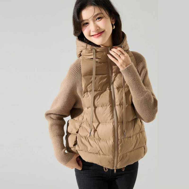 Winter Jackets Woman 2024 Knitted Winter Coat Female Splicing Down Jacket Hooded Warm Cotton Coat Long Sleeve Short Outwears