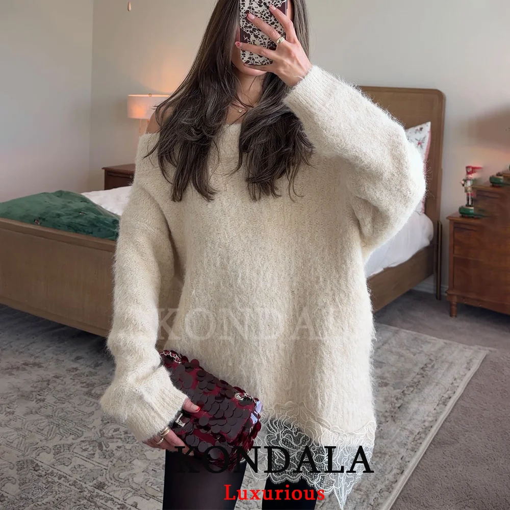 KONDALA Casual Solid Knit Women Sweaters Long Sleeve Slash Neck Lace Patchwork Tops Fashion 2025 Spring Elegant Loose Sweaters