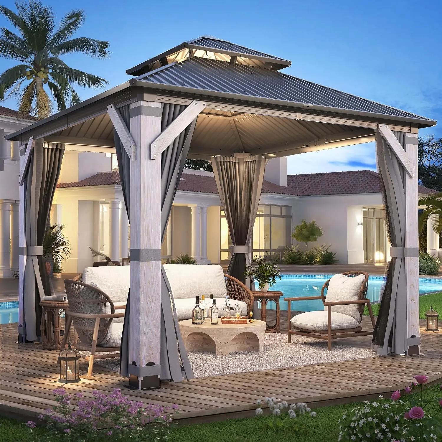 8.5x8.5FT Wooden Gazebo Cedar Pillar & Double Metal Roof Weather-Resistant Pavilion for Patio Backyard w/ Netting, Customized