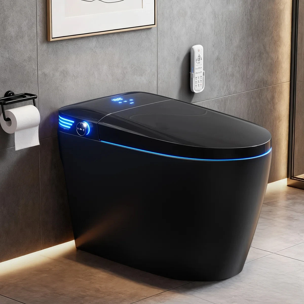 Black Smart Toilet With Advance Bidet And Auto-Open Lid, MaP 1000g,Soft-Closing Heat Seat, 1.28GPF Auto Dual Flush, Massage Clean, Warm Wash/dryer, Remote Control