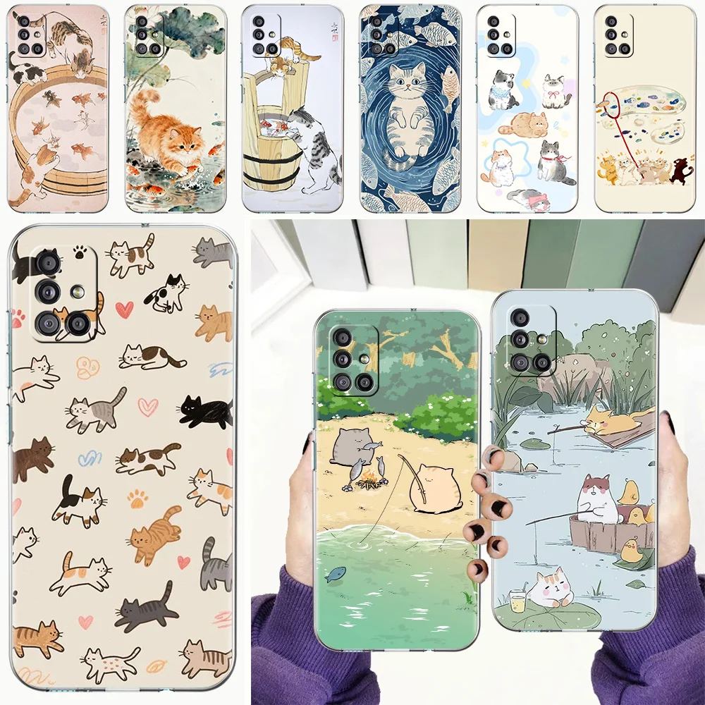 Phone Case For Samsung A15 A13 A35 A55 A51 A71 A41 A31 A21S A03S A05 A17 A23 A25 A33 A53 A73 5G A07 4G Clear Cover Cat Fishing
