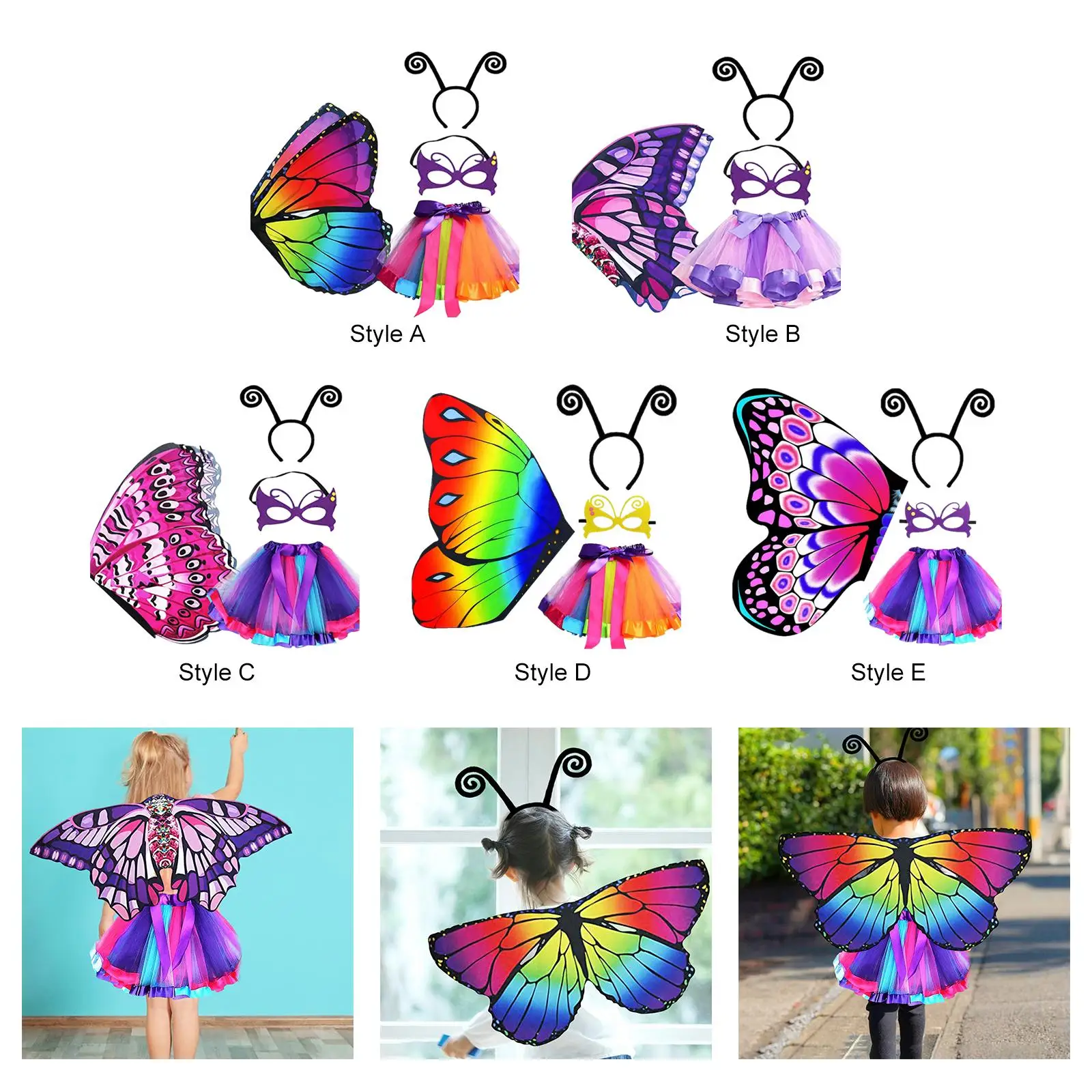 4x Girls Fairy Costume Set Rainbow Tutu Butterfly Wing for Halloween Birthday Photo Prop