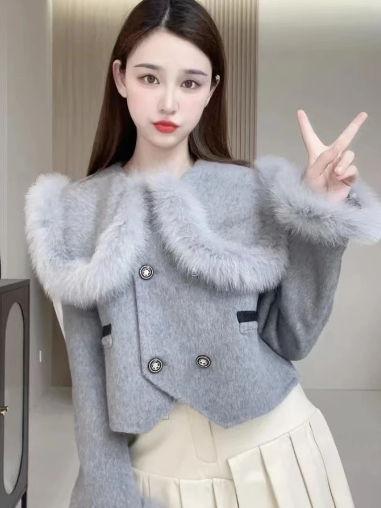 Women Winter Short Woolen Cloth Jacket 2024 New Chic and Elegant  Slim Comfortable Versatile Large Lapel Imitation Fox Fur Coat