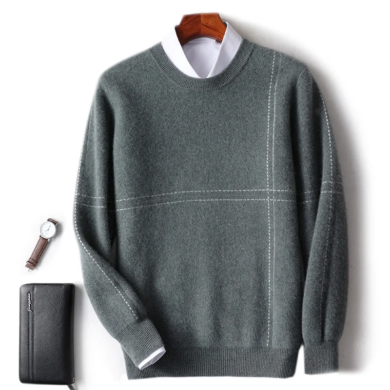 

New 100% Merino Wool Linear O-Neck Sweater Men's Autumn Winter Casual Trendy Pullover Comfortable Minimalist Cashmere Inner Wear