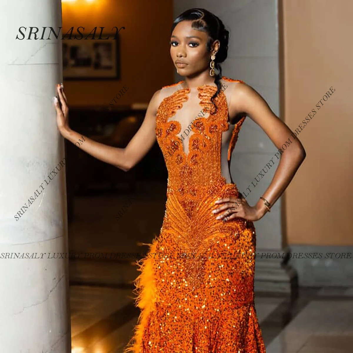 Vestidos de Noche de sirena de cristal con purpurina personalizados, bata de cumpleaños con cuentas de plumas, vestidos formales sin mangas con diamantes de gala