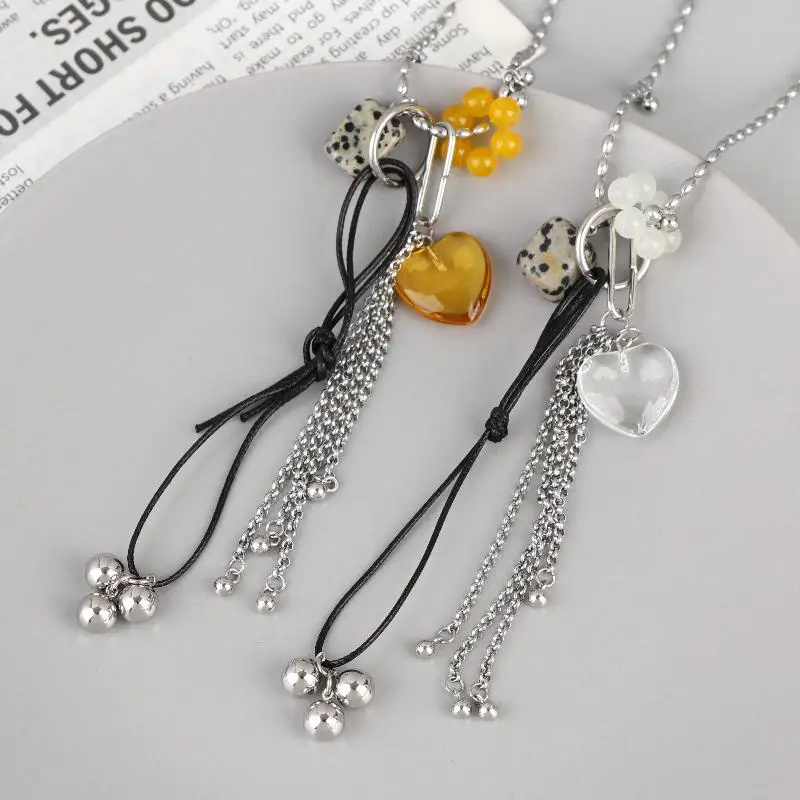 여성 소녀용 스팟 무늬 사각형 참 장식 롱 체인 목걸이 선물 패션 컬러풀 크리스탈 하트 태슬 펜던트 목걸이 1개