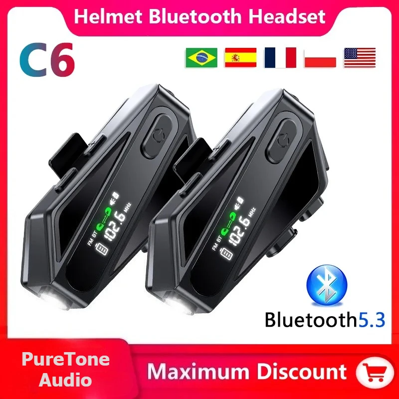 1/2PC C6 Motorcycle Helmet Bluetooth Intercom Headset 500M Distance Led Lighting FM Voice CVC Noise Reduction IPX5 Waterproof