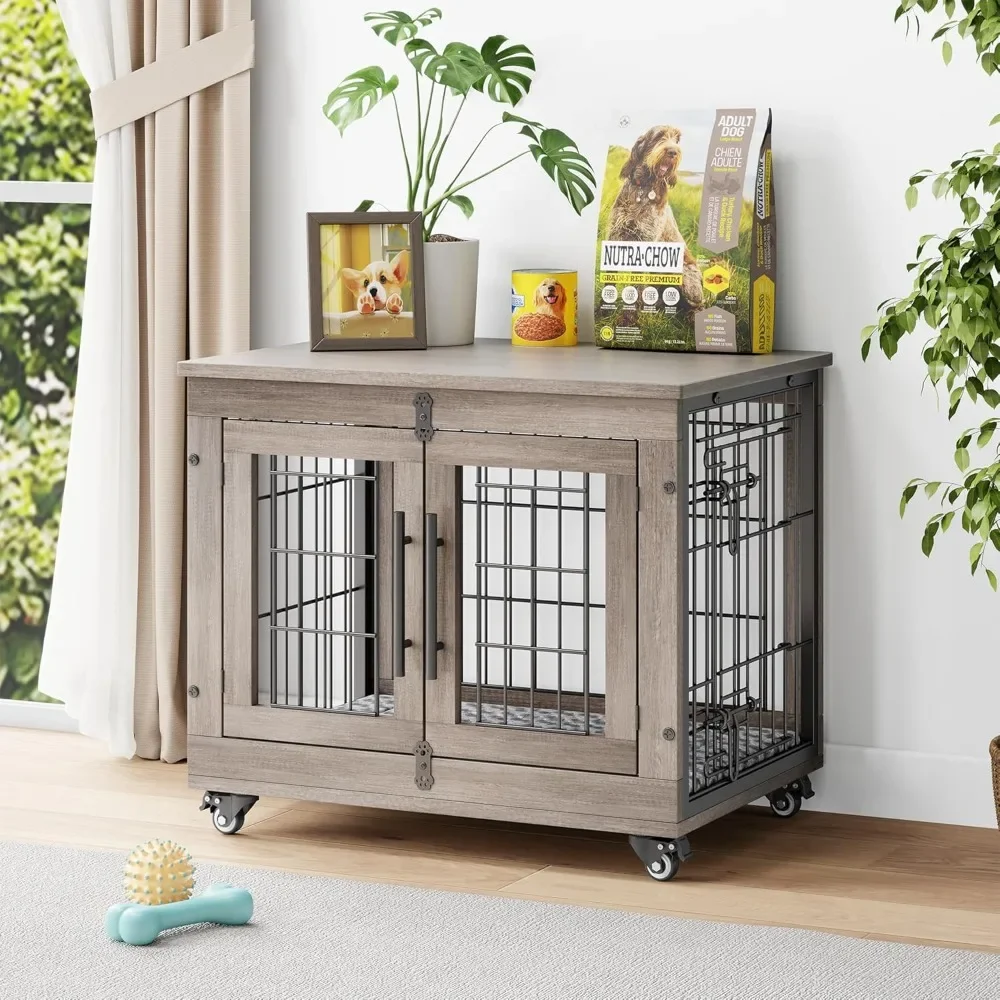 

Dog Crate Furniture with Cushion, Wooden Dog Kennel Indoor with Double Doors, Dog Cage with Wheels