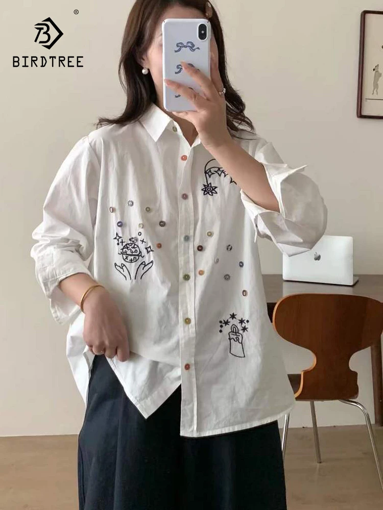 

Новая женская хлопковая рубашка с длинным рукавом Весна 2026, с отложным воротником и вышивкой, в стиле Mori Girl, модная повседневная свободная блузка T62450CC