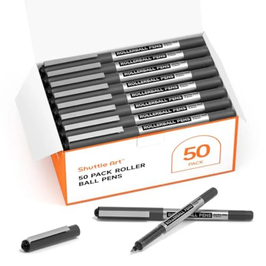 RollerBall Pens, 50 Pack Black Fine Point Roller Ball Pens, 0.5mm Liquid Ink Pens for Writing Journaling Taking Notes School Of