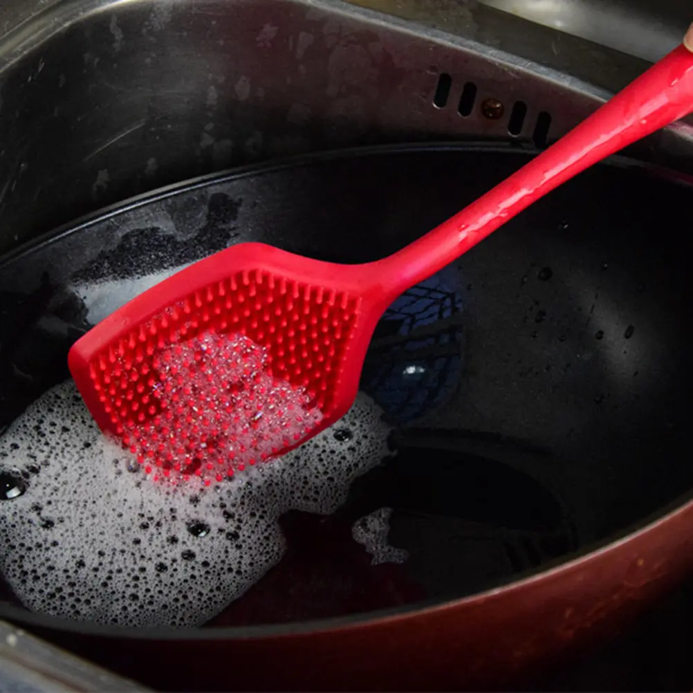Silicone Pot Brush Long Handle Food Grade Thick Bristles Non-Stick Hanging Hole Kitchen Dish Scrubber Pan Cleaning Brush