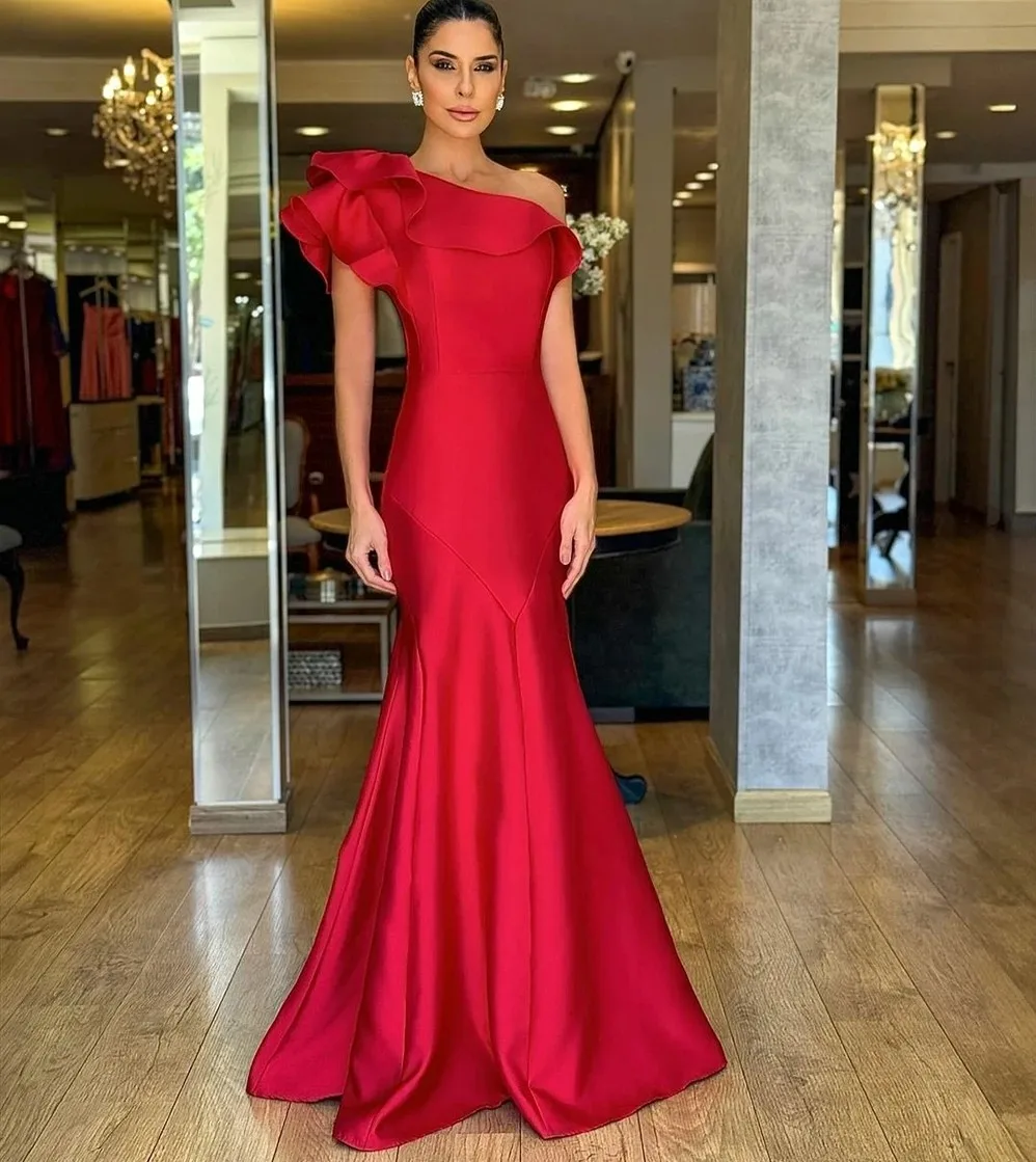 

Elegant Red Satin Evening Formal Dress One Shoulder Mermaid Ruffles Long Prom Pageant Party Gowns Arabic Robe De Soiree